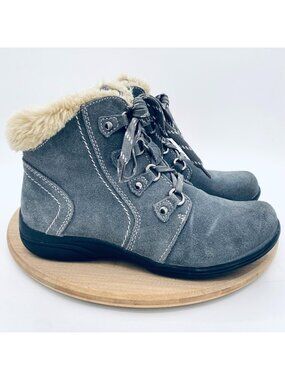 Earth Boots Womens 8.5 W Gray Suede Ankle Zip Outdoor Hiking Fur Trim Boho